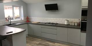 The doors are 18mm mdf slab doors with a 1mm matching edge. Handleless High Gloss Kitchen In Light Grey Newbold Chesterfield Copy Rf Installations Chesterfield Kitchens