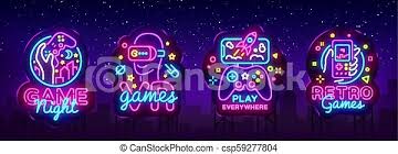 « great site for small companies who are looking for simple logos for their branding. Video Games Logos Collection Neon Sign Vector Design Template Conceptual Vr Games Retro Game Night Logo In Neon Style Canstock