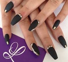 Matte Black With Gold Stones Black Gold Nails Golden Nails Nail Designs