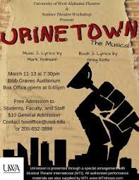 The musical is a satirical comedy musical from 2001, with music by mark hollmann, lyrics by hollmann and greg kotis, and book by kotis. Uwa Theatre To Present Urinetown March 11 13 University Of West Alabama