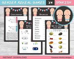 Play this game to find out! Bilingual Gender Reveal Games Printable Spanish And English Instant Download Gender Reveal Party Games Gender Reveal Games Gender Reveal Party Theme