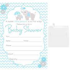 50 Fill In Blank Baby Shower Invitations Blue Boy Elephant With White Envelopes Ch18hewsqnw Elephant Baby Shower Invitations Boy Baby Shower Invitations For Boys Elephant Baby Shower Invitations