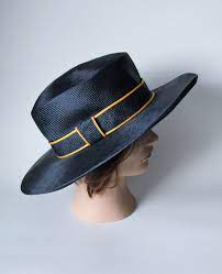 Navy Blue Wide Brim Straw Hat By Anita Pineault Vintage Etsy Wide Brim Straw Hat Wide Brimmed Straw Hat