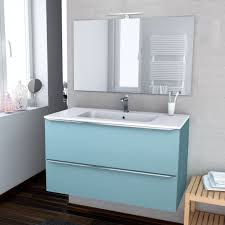 Comment appliquer la peinture sur un meuble de cuisine ? Ensemble Salle De Bains Meuble Keria Bleu Plan Vasque Resine Miroir Et Eclairage L100 5 X H58 5 X P50 5 Cm Oskab
