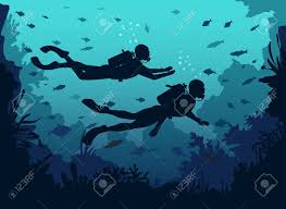 Man And Woman Scuba Divers Silhouette Swimming In Deep Sea Underwater