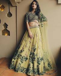 Pink and lemon green color embroidery work lehenga choli 2021; Pleasant Lemon Green Color Georgette Lehenga Choli Cubber In