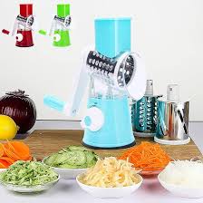 Amazon.com: Rallador de queso giratorio con mango para frutas, verduras, nueces, 3 en 1, cortador de verduras de tambor cuadrado multifuncional de cocina y mandolina redonda con 3 cuchillas intercambiables (azul) :
