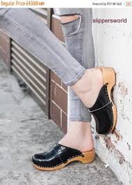 Black Varnish Leather Women Summer Clogs Ladies Wooden Sole Etsy Womens Clogs Red Leather Clogs Leather Clogs