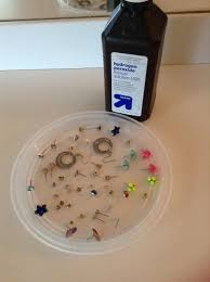 Great Way To Clean You Earrings Get A Shallow Dish Or Bowl And Fill It With Hydrogen Peroxide And Let Y How To Clean Earrings Earring Cleaner Cleaning Jewelry