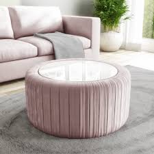 Glass coffee table with cube ottomans. Pink Velvet Ottoman Storage Pouffe With White Glass Top Coffee Table Clio