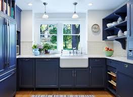 Blue Farmhouse Kitchen Traditional With Dark Blue Open Shelf Open Shelf Oak Kitchen Cabinets Blue Kitchen Cabinets Kitchen Cabinets