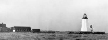 The viewer looks across brenton cove toward beacon rock on the right, and fort adams on the left in the distance. Newport Harbor Goat Island Lighthouse Rhode Island At Lighthousefriends Com
