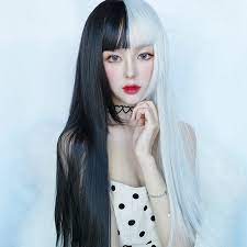 Long black hair white bangs. Women Wig Air Bangs Long Straight Hair Black And White Color Shopee Singapore