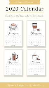 2020 Calendar Printable Wall Calendar Desk Calendar Digital Download Us Letter Coffee Print Calendar Printables Printable Wall Calendar Monthly Calendar Printable