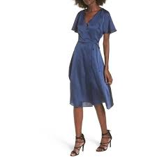 Women S J O A Satin Wrap Dress 295 Hkd Liked On Polyvore Featuring Dresses Navy Navy Cocktail Dresses Navy Blue Wrap Dress Flutter Sleeve Dress Navy B