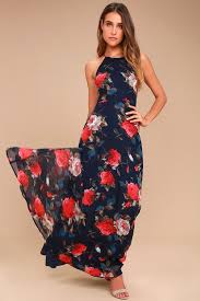 Debut Navy Blue Floral Print Lace Up Maxi Dress Maxi Dress Floral Maxi Dress Women Dress Online