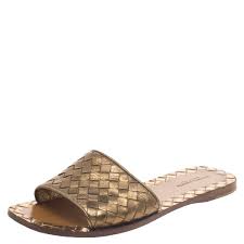 bottega veneta bronze metallic intrecciato leather flat slides size 36 5