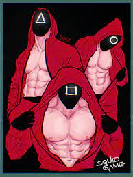 2021 3boys circle (squid game) cuppim gloves hoodie jumpsuit male  male only mask masked masked male muscular muscular male netflix open  clothes pink guard square (squid game) squid game