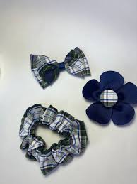 School Uniform Set of 3 Plaid 80 Back to School Girls School Bows. Navy,  White, Light Yellow. Scrunchies, Small Bow, Flower Button.