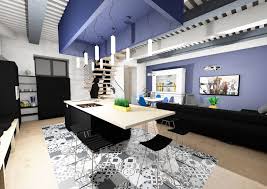 Cuisine Noire Mat Avec Faux Plafond De Couleur Bleu En Rappel Du Mur Du Salon Au Sol Un Tapis En Carreaux Ciment F Plan De Travail Plan De Travail Bois Marbre