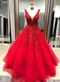 Red V Neck Tulle Long Prom Dress Lace Evening Dress Red Quinceanera Dresses Prom Dresses Lace Prom Dresses Long Lace