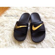 Black And White Nike Slides Womens Nike Benassi Swoosh Golden Check Slides Women Nike Slippers Nike Benassi Custom Sandal