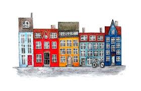 Danish Row Houses Nyhavn Copenhagen Watercolor And Pen And Etsy In 2021 House Drawing Pen And Watercolor Ink Pen Drawings