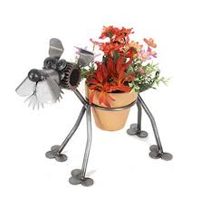 Scrap metal yard art flowers. Terrier Dog Recycled Scrap Metal Statuary And Potted Plant Holder Made In The Usa