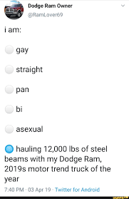 RamLover69 I Am: Gay Straight Pan Bi O Hauling 12,000 Lbs Of Steel Beams  With My Dodge Ram, 20193 Motor Trend Truck Of The 7:40 PM - 03 Apr 19 -  Twitter For Android - IFunny :)
