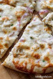 Thin Crust Three Cheese Chicken Pizza With Garlic White Sauce Baked By Rachel Chicken Pizza White Sauce Recipes White Pizza Recipes