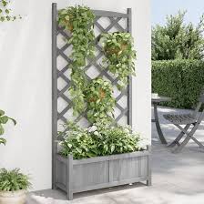 Planter with Trellis Gray Solid Wood Fir,Wooden Planter with Trellis Fence  Panel for Climbing Plants in Garden, Patio or Terrace Gardening Accessories