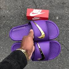 Black And Gold Nike Slides Womens Nike Benassi Swoosh Golden Check Slides Velvet Size Up One For Men Down One For Women Price To Be Det Purple Nike Shoes Nike Shoes Women Nike Slippers