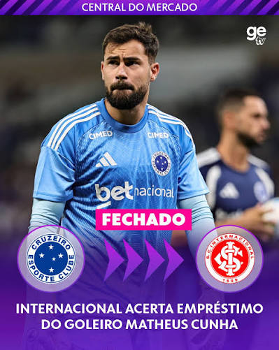 REFOR&Ccedil;O NO GOL! 🧤🔴⁣ ⁣ O Internacional acertou a contrata&ccedil;&atilde;o do goleiro Matheus Cunha, do Cruzeiro.⁣ ⁣ O jogador chega por empr&eacute;stimo e deve assinar contrato v&aacute;lido at&eacute; a metade de 2027.