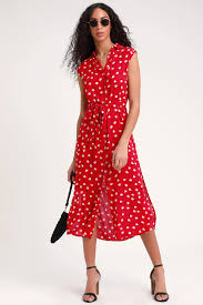 Little Flirt Red Floral Print Button Down Midi Dress Red Dress Outfit Cute Red Dresses Purple Cocktail Dress