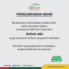 Tugas ini dibawah kendali pimpinan tepatnya seorang direktur adalah. Pengumuman Akhir Lowongan Kerja Hrd Dan Supervisor Bmt Umy