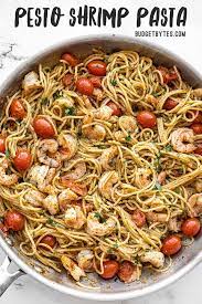 Pesto Shrimp Pasta Quick Weeknight Dinner Budget Bytes Recipe Shrimp Pesto Pasta Pesto Shrimp Pasta Dishes