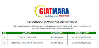 Berikut merupakan maklumat iklan kerja kosong yang ditawarkan oleh majikan terlibat. Permohonan Jawatan Kosong Di Giatmara Malaysia Dibuka September 2020