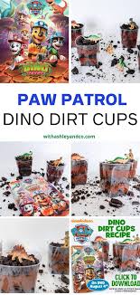 Snack Dinosaur Birthday Party Food Ideas Paw Patrol Dino Rescue Dinosaur Dirt Cups Snack Recipe In 2020 Dinosaur Cake Toppers Dirt Cups Recipe Paw Patrol