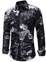 Black And White Floral Dress Shirt Mens Lapel Floral Printed Single Breasted Slim Mens Shirt In 2020 Casual Shirts For Men Long Sleeve Shirt Dress Mens Shirts
