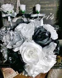 Black And Silver Wedding Bouquet 17 Piece Silver Black White Rose Wedding Set Bridal Bouquet Silver Black White Wedding Rose White Roses Wedding Wedding Flower Packages White Silver Wedding