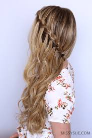 Part your hair down the middle and weave two waterfall braids on each side. Sideswept Waterfall Braid Missy Sue