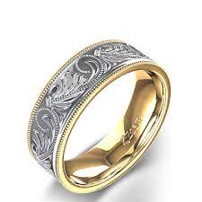 Men S Wedding Ring With Milgrain Scroll Pattern In 14k Two Tone Yellow Gold Mens Gold Wedding Band Wedding Rings Men S Wedding Ring