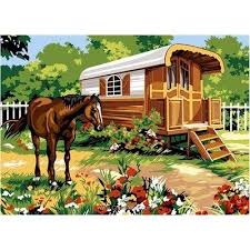 Canevas Cheval Pres De La Roulotte Seg Peintures Cool Canevas Peinture Paysage