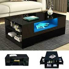 Cb2 slab small marble coffee table with brass base. Black Led Wooden Coffee Table With Storage Drawers High Gloss Modern Living Room Ebay