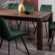 The stunning beauty of this table and chair set will update your kitchen or dining room, ideal for formal and casual dining. Blake Dark Oak 8 10 Seater Dining Table 8 Fontana Green Velvet Fabric Chairs With