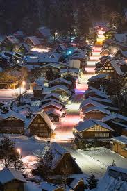 snowy town late at night shirakawa go village japan by miyamoto y japan travel japanese landscape winter scenes