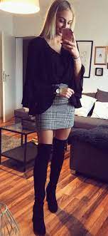 On The Matching Of High Boots Fall Fashion Outfits Plaid Skirt Outfit Fashion