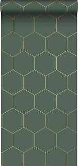 wallpaper honeycomb motif dark green and gold 139228 groen behang werkkamer behang goud behang