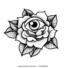 Old School Rose Tattoo With Eye Traditional Black Dot Style Ink Isolated Vector Illustration T Old School Rose Traditional Tattoo Flowers Traditional Tattoo