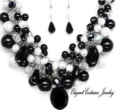 Black And White Necklace Set White Pearl Black Glass Crystal Chunky Necklace Set Elegant Costume Jewelry Elegant Costume Jewelry Necklace Set Jewelry